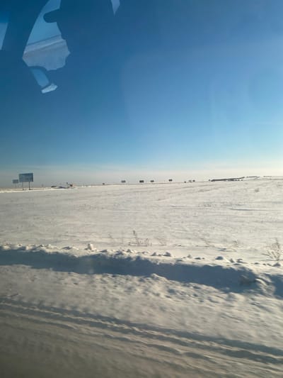 This image depicts a vast, snow-covered landscape identified as being in the vicinity of Ozerne, Russia, under a clear, bright blue sky. The ground is entirely blanketed in white snow, displaying subtle undulations and cast shadows in the foreground. Along the distant horizon, a linear arrangement of approximately twelve rectangular billboards with blank or indistinct faces extends across the frame. Several indistinct vehicles, consistent with large trucks, are faintly visible on a distant road adjacent to the billboards in the mid-ground, appearing to travel from left to right. Sparse, dry vegetation stalks protrude from the snow in the immediate foreground. The upper left quadrant of the image contains reflections, indicative of the photograph having been captured from inside a vehicle, showing partial contours of a window frame or interior structure. No individuals are discernible within the scene.