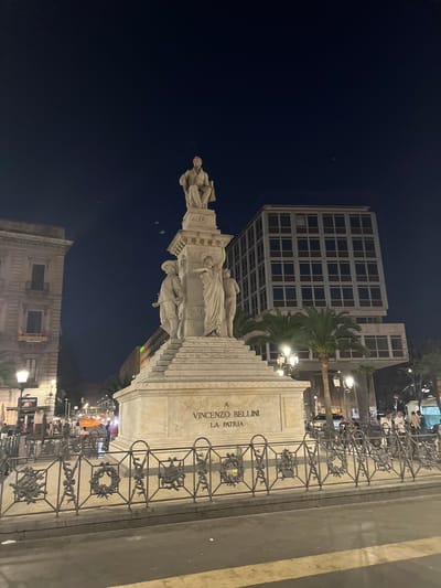 The image shows a monument at night in Catania, Italy, specifically Piazza Vincenzo Bellini, dedicated to Vincenzo Bellini. The monument is a large, white stone structure with multiple statues. The central figure is seated, holding a book. Below this figure are three other statues: two men and a woman. The monument's base is inscribed with "A VINCENZO BELLINI LA PATRIA". The monument is surrounded by a decorative metal fence with various emblems. In the background, there is a modern, multi-story building with many windows, a palm tree, and several street lamps. Several people are visible in the background, some walking and some standing, illuminated by streetlights. The sky is dark, indicating nighttime. The overall scene depicts a public square at night with a prominent monument.