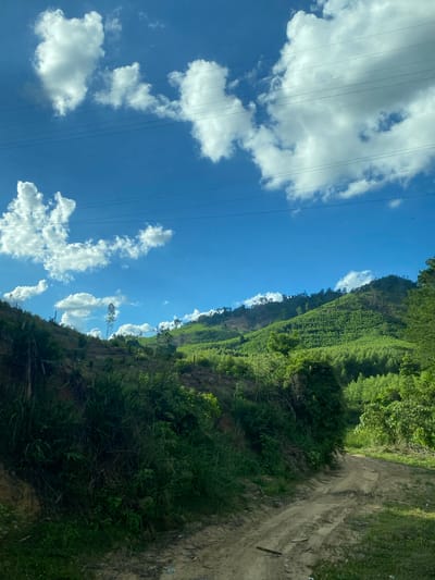 The image depicts a rural landscape with a dirt road winding through it. The road is flanked by lush green vegetation, including tall grasses and bushes, on the left and right. In the background, a verdant hillside rises, covered with dense trees. The sky above is a vibrant blue, dotted with scattered white clouds. Several power lines are visible stretching across the sky, indicating the presence of infrastructure in the area. The overall scene suggests a natural, undeveloped setting, likely in a region with a tropical or subtropical climate. This scene is characteristic of areas within Thôn 18, Vietnam, a rural commune known for its agricultural lands and natural beauty.