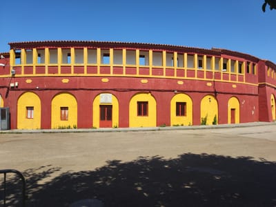The image shows a bullring in Valencia de Alcántara, Spain. The building is painted in bright red and yellow colors, with a tiled roof. It has a long, curved facade with arched doorways and windows. The upper level features a row of open arches, providing a view of the sky. The sky is a clear, vibrant blue, indicating a sunny day. The ground in front of the building is a sandy, dusty surface, with shadows cast by trees. There are some plants growing at the base of the building. A metal fence is partially visible in the lower left corner. The scene appears to be quiet and devoid of people, suggesting it is not currently in use for an event. The architecture and colors suggest a warm, Mediterranean climate.