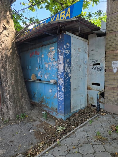 The image depicts an outdoor scene in Nova Kakhovka, Ukraine, likely during the daytime under clear skies. The focus is on a dilapidated, blue metal kiosk or small structure, partially obscured by a large tree trunk and branches. The kiosk appears weathered and aged, with peeling paint, rust, and numerous torn posters or stickers plastered on its surface. Two rectangular openings are visible on the upper portion of the kiosk. A blue and yellow sign, partially visible, hangs from the awning of the kiosk, with yellow lettering that may say "КВА" which translates to "Kvass" or "Beer" in Russian and Ukrainian. Red Cyrillic lettering on the blue side of the kiosk reads "ПИВО" which means "Beer". The ground around the kiosk is a mixture of dirt, fallen leaves, and a paved walkway made of interlocking concrete blocks. Vegetation, including green leaves and dry grass, grows around the structure and on the walkway, suggesting a natural or somewhat neglected environment. The overall impression is one of an old, possibly abandoned, small commercial stand in an urban or semi-urban setting, blending with its natural surroundings.