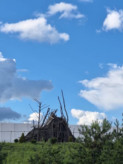 The image depicts an outdoor scene under a bright blue sky with scattered white clouds. In the foreground, a metal wire fence runs horizontally across the frame, in front of lush green vegetation. Behind the fence and vegetation, a rustic, cone-shaped structure made of dark, weathered wood and branches is visible. This structure appears to be a teepee or a similar dwelling. To the left of the structure, a large, white, opaque wall or screen is partially visible. The environment appears to be natural or park-like, with trees and bushes contributing to the greenery. The overall impression is that of a constructed feature within a natural setting, possibly a historical exhibit or a decorative element. The image does not contain any people or animals.