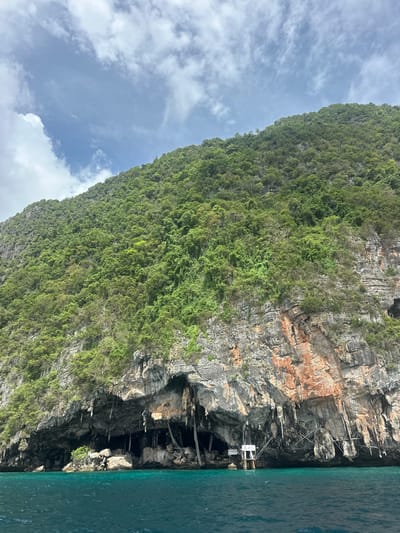 An image shows a massive limestone cliff face covered in lush green vegetation, rising from the clear turquoise waters of the ocean. The cliff has several large caves and overhangs, with stalactites hanging down. In front of one of the caves, a small, white structure on stilts with a red sign is visible. The water is calm with gentle ripples. The sky is a pale blue with scattered white clouds. The location is stated as Haad Yao, Thailand. There are no people visible in the image.