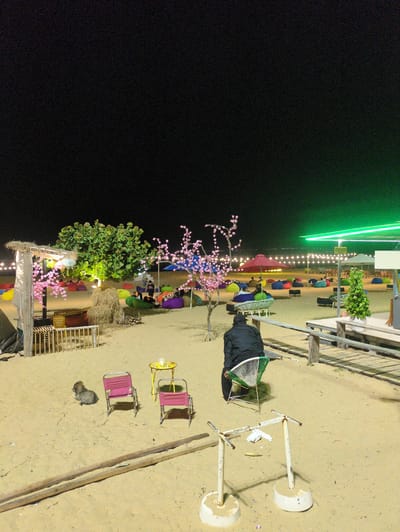 This photograph, taken in Quy Nhon Ward, Vietnam, presents an elevated nighttime perspective of a beachfront dining or entertainment area. The composition is divided between a dark night sky and a brightly lit beach.
To the right, sand covers the foreground, occupied by two small pink folding chairs and a small, possibly stray animal. Debris lies near two vertical posts. To the left of that, there is a covered, straw hut, decorative trees illuminated with pink lights, and string lights. Further in the background, there are beach seating areas with people relaxing on colorful cushions. A row of overhead string lights stretches toward a building with a green neon light.