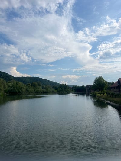 This image, when viewed horizontally, depicts a tranquil natural landscape in Kamianytsia, Ukraine, featuring a lake or wide river, tree-covered mountains, and scattered buildings under a partly cloudy sky.
The upper portion of the frame is dominated by a bright blue sky filled with a variety of white clouds, ranging from wispy streaks to more voluminous cumulus formations, suggesting pleasant weather. The lower portion features a calm body of water with subtle ripples reflecting the sky and surrounding elements.
Along the far bank of the water, a prominent, densely forested mountain or large hill rises, covered in lush green deciduous trees. Closer to the viewer, on the right side of the water, a narrow strip of land is visible, populated by more trees and several buildings. One notable structure stands out with a multi-gabled, dark-tiled roof and visible wooden architectural details, suggesting a traditional or rustic style, possibly a resort or dwelling. The buildings are nestled amongst the greenery, creating a harmonious blend of nature and human presence.
No specific activity or people are visible in the scene, which appears static and peaceful. The lighting indicates it is daytime, likely late morning or early afternoon, with ample sunlight illuminating the landscape. There is no visible text in the image. The overall atmosphere conveys serenity and natural beauty, characteristic of a scenic riverside or lakeside setting.