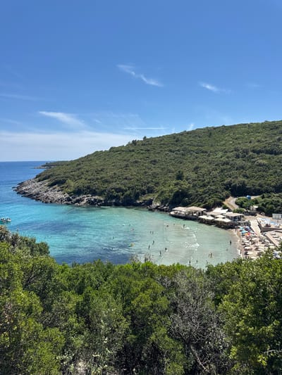 This is a photograph of a bay with a beach and lush green hillsides. The water in the bay is a clear turquoise, with some areas appearing darker blue in deeper sections. A beach is visible along the shore of the bay, with numerous umbrellas and lounge chairs set up. People are visible on the beach and in the water, some swimming and others sunbathing. Several buildings, likely restaurants or beach clubs, are situated along the shoreline. A boat is docked in the water on the left side of the bay, and a buoy line separates the swimming area from the open water. The sky is a bright blue with a few wispy clouds. The foreground of the image is dominated by dense green foliage. The scene appears to be a popular coastal recreational area, likely in a Mediterranean climate. The location is the bay of Jaz beach, in Lastva Grbaljska, Montenegro.