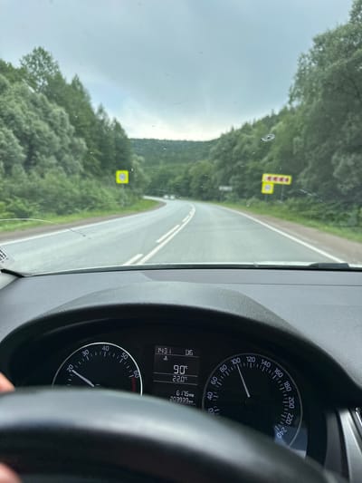 The image, taken from the driver's perspective inside a car, shows a winding road through a dense forest. The sky is overcast, suggesting cloudy weather. The road is paved and marked with white lines. There are two yellow traffic signs visible: one indicating a speed limit of 50, and another showing a series of yellow arrows pointing to the right, indicating a curve. The car's dashboard is visible, showing a speedometer with the needle pointing to approximately 100 km/h, an odometer displaying 203939 km, and a trip meter showing 617.5 km. The time is 14:31, and the temperature is 22.0°C. A crack is visible on the windshield. The location is identified as Arkhangelskoye, Russia.