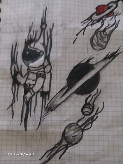 The image is a photograph of a hand-drawn sketch on a sheet of light-colored graph paper. The paper displays a grid pattern across its surface and shows minor creasing. The drawings are rendered primarily in black ink or marker, with a small accent of red color on one element.
Four distinct, abstract subjects are depicted:
1. **Upper Left:** A stylized, somewhat skeletal figure resembling an astronaut in a spacesuit, with black, flowing, tendril-like forms extending from its body and head. The helmet visor is dark.
2. **Upper Right:** A depiction of a celestial body with a visible ring structure; a segment of this ring is colored red. Black, wispy tendrils extend from the object. Below this, a smaller, dark, conical or spiraled object also features similar black tendrils.
3. **Middle Right:** A large, elongated, dark, disc-shaped object with a prominent, dark, stylized ring extending from its sides. Black, sharp tendrils emanate from its form.
4. **Lower Right:** Two circular, interconnected objects, resembling abstract planets or spheres, each with black, irregular tendrils extending outwards.
The overall aesthetic of the drawings is dark, abstract, and incorporates recurring organic, tendril-like forms. No people are depicted, nor are any direct actions or interactions portrayed within the static drawings. The environment is limited to the grid-lined paper. The text "Galaxy XCover7" is visible in the lower left corner of the photograph, indicating the capture device. This image displays artistic renditions and does not represent a specific physical location in the city of Montabaur, Germany, or any other real-world geographic setting.