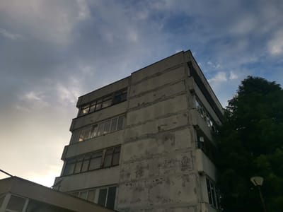 The image captures a low-angle exterior view of a multi-story building, likely an apartment or institutional block, under a dynamic sky. The building dominates the left and central parts of the frame, constructed from concrete or a similar material, showing significant signs of age and weathering. Its facade features visible wear, with peeling render, exposed rough textures, and streaking. Multiple rectangular windows are arranged across its levels, some reflecting light, others appearing dark. The architectural style is functional, consistent with post-socialist era construction in Zhivkovo, Bulgaria.
To the right, a large, dark green tree partially obscures the building, providing a natural contrast to the grey concrete. A streetlight with a white fixture is faintly visible near the bottom right, partially hidden by the tree. The sky above is a key feature, transitioning from a brighter, blue expanse with scattered white clouds on the right to a more overcast, greyish-yellow on the left, suggesting either late afternoon or early morning light. The sun, positioned low and likely off-frame to the left or obscured by clouds, casts a soft, warm light on parts of the building and the upper right sky.
No people are visible, and no specific activity is taking place. There is no discernible text on the building or in the scene. The overall impression is one of an aging urban structure set against an evocative sky, conveying a sense of quiet observation of the built environment.