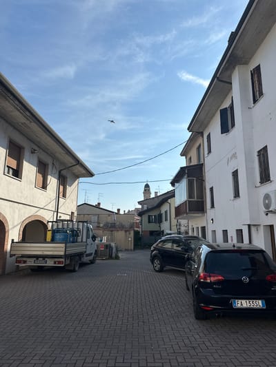 Captured from street level in Villafranca di Verona, Italy, the image presents a narrow street lined with buildings of varying heights and architectural styles. The street surface is paved with herringbone-patterned bricks. Parked vehicles, including a black Volkswagen Golf with the license plate "FA 133SL" and a light-duty truck, occupy the right side of the street. The buildings, constructed from stone and stucco, exhibit a mix of window designs, from traditional shuttered windows to modern, frameless openings. Overhead, power lines crisscross the scene against a partly cloudy blue sky. A bird flies through the sky. In the distance, a domed church or other public building is seen.