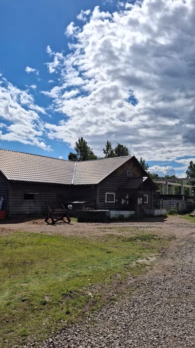 The image depicts a wooden building in Peterhof, Russia, under a partly cloudy sky. The building, likely a traditional log structure with a metal roof, appears to be a historical or tourist attraction, possibly a museum or a craft shop. There is text visible on the roof of the building, but it is difficult to read clearly. In front of the building, a white picket fence encloses a grassy area. A dirt path runs alongside the building, bordered by gravel. Various objects are scattered around the building, including old wooden wheels and benches, suggesting a rustic or historical theme. The scene is set during the daytime, with bright sunlight casting shadows, indicating fair weather. The overall atmosphere is peaceful and serene, with the natural landscape and the traditional architecture creating a picturesque view.