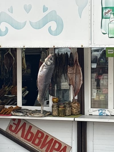 This image captures a display case from a market or shop in Nizhnie Yaki, Russia, showcasing a variety of dried fish and preserved goods. The scene appears to be an outdoor or semi-outdoor retail display, brightly lit during the daytime.
At the center, a large, scaled fish, likely a carp or similar freshwater species, is prominently displayed, hanging horizontally. Its silvery scales and gaping mouth are clearly visible. Below this large fish, several bundles of smaller, darker dried fish are stacked, while above it, a larger, flatter, light-colored dried fish is visible. To the right, additional bundles of dried fish are displayed alongside stacks of small jars or cans that appear to contain preserved items, possibly mushrooms or small pickled foods.
The items are arranged within a white display structure with glass panes. Reflections on the glass reveal shelves inside a shop, holding various packaged products, including what looks like bottled beverages and other retail items. The white panel on the left features light blue decorative swirls and heart shapes. In the upper left corner, two green bottles are partially visible, one bearing the text "Puko." A small green label with the Cyrillic word "МИР" (MIR) is also seen near the top. An angled red and white sign in the bottom right corner displays partial Cyrillic text, reading "ЭЛЬВИР" (ELVIR), which likely indicates a shop or brand name. No people are present in the frame.