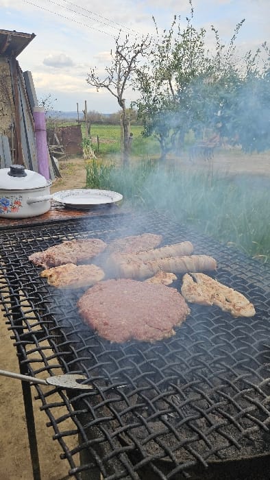 The image displays an outdoor grilling operation located in Negorci, North Macedonia. A black, wire-mesh grill occupies the foreground, actively smoking. On the grill grate, a large, raw, circular ground meat patty is centrally positioned, flanked by three elongated, raw sausage-like items and several smaller, irregular pieces of raw, lighter-colored meat. A metal spatula is visible on the lower-left edge of the grill. To the left of the grill, a white enamel pot with a blue and red floral pattern and a black lid rests on a surface, beside a partially visible white plate with a blue rim. The immediate background on the left features a weathered structure, possibly a shed or outbuilding, with exposed wall materials and several planks leaning against it, along with a section of purple piping. The central and right background shows a natural environment with green grass, a bare deciduous tree, and a leafy tree. A wooden fence post is also discernible. Distant hills or mountains are visible under a partly cloudy sky. No human subjects are present.