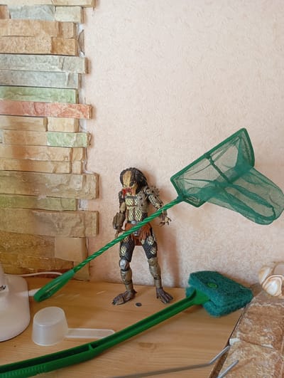 A predator action figure stands on a wooden surface next to a green net. The figure is detailed with intricate armor and facial features. The net has a long green handle and a wide mesh opening. In the foreground, there is a green scrub brush with a long handle and a white plastic scoop. In the background, a textured wall is visible, with a section of decorative stonework on the left. The scene appears to be an indoor setting, possibly a room in a house in the city of Vysokaya Gora, Russia. The lighting suggests it is daytime.