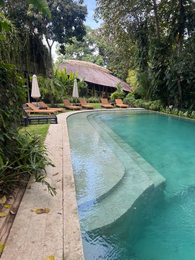 This outdoor image depicts a swimming pool with steps leading into the water, situated in Kerobokan, Indonesia. The pool water is turquoise. Adjacent to the pool is a concrete walkway with scattered leaves. A black metal bench sits on a patch of grass between the walkway and a lush green garden. Several lounge chairs with white umbrellas are arranged near a building with a thatched roof. Trees surround the area, providing shade and creating a tropical ambiance.