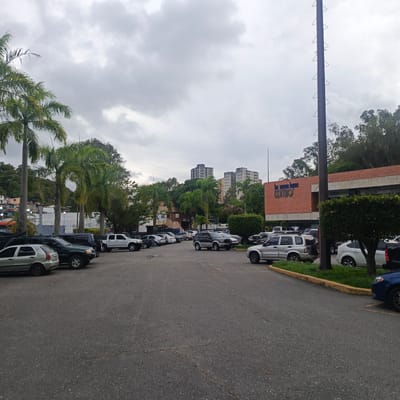 The image depicts an outdoor parking lot in Los Teques, Venezuela, likely in a commercial area. The sky is overcast with dense gray clouds. Several palm trees are visible, with lush green foliage, some leaning towards the left of the frame. In the background, there are multi-story buildings, some appearing residential and others commercial, with architectural styles common in urban Latin America. One prominent building is brick-faced with orange accents, featuring a sign that reads "los nuevos loques CENTRO" with a circular logo. Below this sign, the word "FARMACIA" is visible.
The parking lot itself is paved with asphalt and marked with yellow lines. It is populated with a variety of vehicles, including silver SUVs, a dark green SUV, a white pickup truck, and a dark-colored van. Some of the vehicles are parked, while others appear to be in motion, though no specific actions are clearly depicted. A tall, dark metal pole with triangular protrusions runs vertically along the right side of the image, possibly a utility pole or part of a structure. The ground is asphalt with some cracks and scattered gravel. The overall impression is a typical day in a busy commercial zone of a Venezuelan city under cloudy skies.