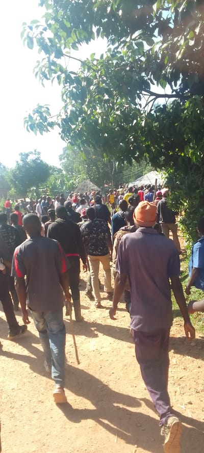 A group of people are walking along a dirt path in Isukha ICHINA, Kenya, at the coordinates 0.352, 34.781. The path is surrounded by tall green trees and bushes. There are at least 20 people visible in the scene, all of whom are male. The people are all dressed in casual clothing and appear to be walking in the same direction. The person in the foreground is wearing a purple shirt and appears to be leading the group. The people are walking along a dirt path in the middle of the scene. The path is surrounded by trees and bushes. The trees and bushes are green and provide shade from the sun. There is a light breeze blowing through the leaves of the trees. It is a sunny day and the sky is clear. The people are walking in a leisurely manner and seem to be enjoying the walk. The people are walking in a line with the person in the foreground in the lead.