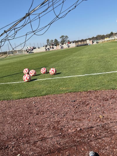 A soccer field stretches into the distance under a bright blue sky. The field's vibrant green grass is bordered by a strip of brown dirt. Five red and white soccer balls sit near the edge of the field. A white line marks a boundary. In the background, bleachers are filled with spectators. A soccer net is visible in the foreground, slightly obscuring the scene.