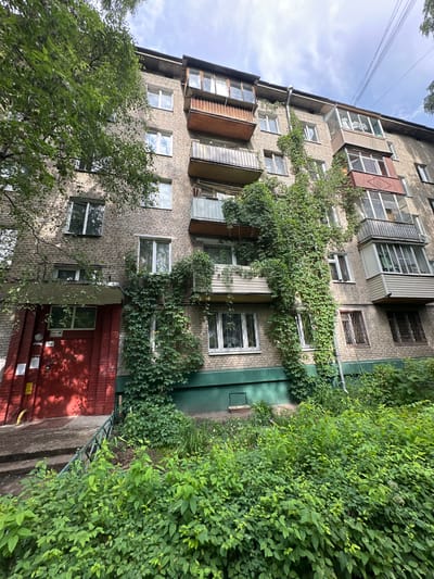 This is a vertical, medium-angle shot of a brick apartment building in Lyubertsy, Russia. The building appears aged, with some balconies showing signs of wear. Green foliage, likely ivy, extensively covers parts of the building's facade, climbing up to the upper floors and obscuring some windows. The leaves are lush and vibrant, suggesting it's springtime or summer.
The building has multiple windows, many with their panes reflecting the sky. Some windows have external shutters or decorative elements that are weathered or slightly damaged. There are also balconies with wooden railings, some of which appear to be enclosed with glass.
At the bottom of the building, there's a red-painted door or entrance with metal fixtures and some posted notices. To the right of this entrance, more dense green vegetation grows, forming a thick wall of leaves that reaches the height of the first floor. A metal railing runs along the edge of this overgrown area.
The sky visible in the upper left corner is a pale blue with scattered white clouds, indicating daytime, likely overcast or a partially sunny day. Electrical wires are visible strung across the sky, suggesting urban or suburban surroundings. The overall impression is one of an older building integrated with nature, where the vegetation is actively reclaiming the man-made structure. No people are visible in the frame.