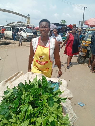 The image captures a vibrant, bustling outdoor market scene under a bright, sunny sky. In the foreground, a woman stands facing the camera, appearing to be a vendor. She has short, dark hair and a neutral expression. She wears a white sleeveless top with faint red polka dots and a distinctive yellow apron featuring a cartoon dog wearing sunglasses and the text "BENNY" and partially visible "ALWAYS HAPPY". Directly in front of her, filling the lower portion of the frame, is a large pile of fresh, dark green leafy vegetables, likely resting on a light-colored burlap sack, possibly on a cart or stand.
The background reveals a lively market environment. To the left, a white passenger van is parked, with several individuals standing or walking around it. Further back and to the right of the main subject, another woman wearing a red and black dress walks towards the right side of the frame, looking back slightly towards the main vendor. Beyond her, another woman in a lighter top is visible. On the far right, a yellow motorized tricycle, possibly a taxi or cargo vehicle, is visible, bearing the brand name "TVS" and the text "100% CARES" along with the number "38". Several other people are scattered throughout the midground and background, either standing, walking, or tending to stalls.
The ground is a dusty, unpaved surface, indicating an outdoor or semi-urban setting. In the upper left background, a large, rustic archway or gate-like structure stands, with a megaphone attached to a pole on top. Various makeshift market stalls with tarps and awnings are visible further back, creating a sense of depth and activity. The clear blue sky with some scattered clouds suggests it is daytime, likely late morning or early afternoon. The overall impression is one of a busy local market, characteristic of everyday life and commerce.