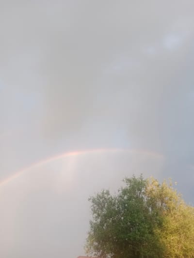 The image depicts a wide shot of a sky with a faint rainbow arching across it. The sky is mostly overcast with varying shades of gray and white, suggesting diffused light. A portion of a leafy green tree is visible in the lower right quadrant of the image, its branches extending upwards. The tree appears healthy and full of foliage. A hint of a reddish-brown structure, possibly a roof, is peeking out from beneath the tree. The overall atmosphere is serene, with the rainbow adding a touch of natural wonder to the scene. The location is identified as Qobda, Kazakhstan. There are no people or animals visible in the image, and no specific actions are taking place.