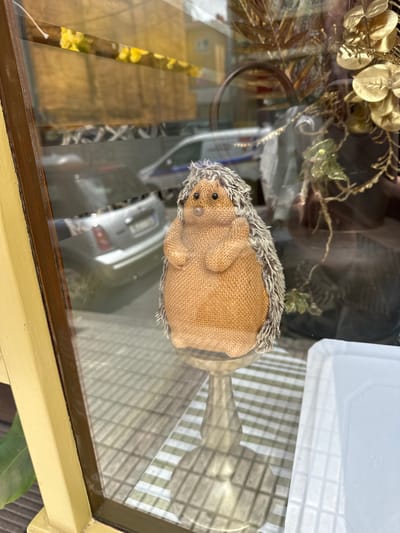 The image displays a decorative hedgehog ornament viewed through a glass surface, likely a window or a display case, in Gijón/Xixón, Spain. The hedgehog is crafted from light brown, burlap-like fabric with fuzzy grey "spines," small black eyes, and a brown nose.

Inside the glass enclosure, behind the hedgehog, are gold-colored artificial foliage and other ornamental elements, some appearing metallic and others with glitter.

The glass surface exhibits prominent reflections of the surrounding environment. These reflections include the rear of a silver car with visible taillights, suggesting a street scene outside. A distinctive striped pattern, possibly from blinds or a patterned floor, is also strongly reflected. Further reflections show indistinct indoor or outdoor elements, including what appears to be a yellowish surface.

The glass is framed by a light yellowish-beige border with a darker brown strip where the glass meets the frame. A green leaf is partially visible at the bottom right corner, outside the glass frame. The lighting suggests daytime conditions, with no harsh shadows. No visible text is present in the image.