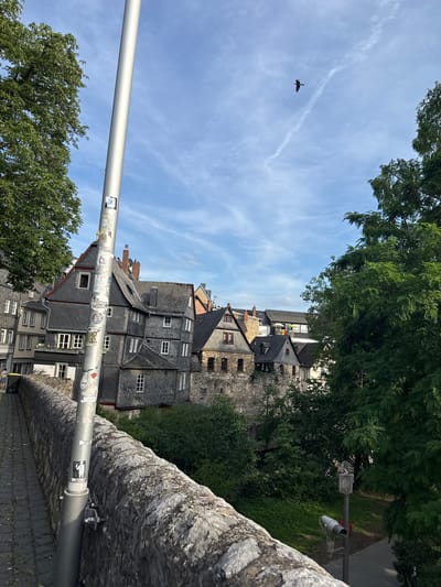 The image shows a view from a stone wall, looking out over a town with traditional architecture. In the foreground, a gray metal pole is visible, adorned with several stickers. The pole is positioned on the right side of the frame, running vertically. Beyond the pole and the wall, a cluster of buildings with dark gray slate roofs and white-framed windows are tightly packed together, suggesting a historic European town. Some buildings have red brick chimneys. Behind the buildings, lush green trees are abundant, with the canopy of one tree prominently occupying the upper left corner of the frame.

The sky above is a clear blue, with wispy white clouds and what appears to be a contrail from an aircraft. A single bird is captured in flight against the sky in the upper left quadrant. The lighting suggests it is daytime, likely late morning or early afternoon, given the brightness and clear sky. The scene evokes a sense of quiet observation, perhaps from a vantage point like a bridge or elevated walkway. The stone wall itself is rough-hewn and weathered, adding to the historical context.

The stickers on the pole are varied. One appears to be a QR code, another a cartoonish figure in black and white, and several others are illegible. There is no clear indication of any specific activity taking place, but the scene is peaceful and scenic. The location is Wetzlar, Germany, which aligns with the architectural style of the buildings. The overall impression is one of a charming, historic European town on a clear, pleasant day.