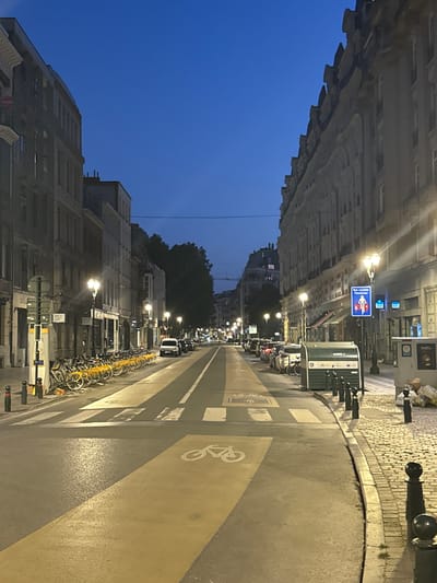 The image depicts a street scene in Brussels, Belgium, at dusk. The perspective is from ground level, looking down a street lined with tall, old buildings on both sides. The sky is a deep blue, indicating the transition from day to night. Streetlights are illuminated, casting a warm glow on the wet pavement, suggesting recent rain.
The street features a dedicated bicycle lane marked with yellow and white lines, and a bicycle symbol is visible on the lane. A row of parked bicycles, many with yellow frames, lines the right side of the street. A green structure, possibly a bike-sharing station or public information kiosk, is also present, with some visible text and logos.
There are no people clearly visible in the foreground or mid-ground, but the presence of parked cars and a street scene suggests activity. A sign with a blue background and a red symbol, possibly indicating a rule or information for cyclists, is mounted on a pole. The architecture of the buildings suggests a historic European city. The overall mood is calm and serene, characteristic of a quiet evening in an urban environment.