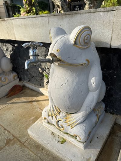 This image shows a close-up, high-angle view of a frog-shaped water fountain. The fountain is made of white stone or concrete and is adorned with gold paint on its ears, body, and the base on which it rests. A chrome faucet protrudes from the frog’s mouth. The frog’s body is stout, with detailed carvings suggesting a belly.
The fountain is positioned between two light-colored stone walls or structures. Gray gravel or small rocks surround the base of the fountain. The scene is well-lit, casting shadows. The location is Jimbaran, Indonesia.