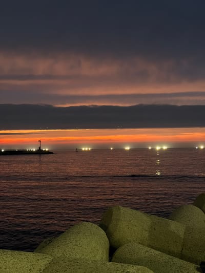 A twilight seascape in Jeju, South Korea, captured from a shoreline protected by concrete tetrapods. The sky transitions from a deep indigo at the top to bands of muted pink and vibrant orange near the horizon, with dark, cloud-laden layers obscuring the upper sky. The sea, a deep reddish-brown, reflects the dim light of the sky and numerous distant lights, likely from ships or buoys, scattered across its surface. In the mid-ground, a dark, angular structure, possibly a breakwater or pier, juts out into the water. A solitary, slender lighthouse with a red top stands atop this structure, its light visible. The foreground is dominated by the rough, textured surfaces of large, moss-green concrete tetrapods, arranged in a protective barrier. No people are visible in the scene. The overall atmosphere is serene and somewhat industrial, with the natural beauty of the sunset meeting man-made coastal defenses.