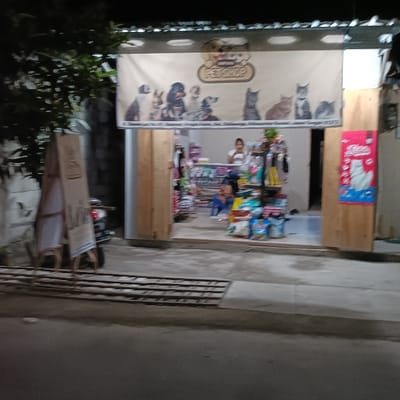 The image shows the exterior of a pet shop in Kaliwungu, Indonesia, located at the coordinates -6.961 latitude and 110.249 longitude. The shop has a large banner above the entrance featuring a variety of animals, including dogs and cats. The banner states "Dog's & Cat's" and is accompanied by the words "Grooming, Training, Boarding, Veterinary Clinic, Gear & More". The shop is open, and there are two people inside. One person is standing behind the counter, and the other is sitting on a stool. The shop appears to be well-stocked with a variety of pet supplies, including food, toys, and accessories. There is a wooden sign with a "For Sale" sign on it to the left of the storefront. The shop is situated on a concrete sidewalk. There is an unidentifiable object (possibly a motorcycle) parked to the left of the sign. The sidewalk is surrounded by trees and other vegetation. The image is taken at night and there is some ambient light.