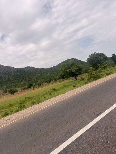 The image depicts a roadside view in Minda, Nigeria. The scene captures a paved road with a white line marking its edge, running diagonally across the frame. To the left of the road is a grassy embankment, followed by a densely forested hillside that rises steeply. Scattered trees are visible on the hillside and in the grassy area. The sky is overcast with clouds, suggesting a potentially cloudy or rainy day. There is no visible text in the image. The perspective suggests the photo was taken from a moving vehicle or from a slightly elevated position beside the road. The overall impression is of a natural landscape adjacent to a man-made road.