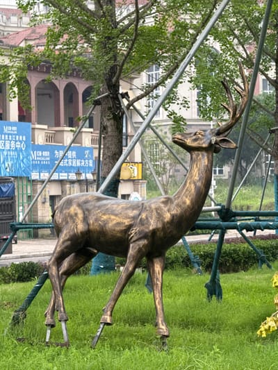 The image depicts a bronze-colored deer statue placed outdoors, possibly in a park or urban area. The statue is of a male deer with antlers and is depicted in a kneeling or crouching position. It's erected on metal rods to hold it above the ground. The deer is surrounded by green grass. Scaffolding is erected around the deer.

Behind the deer, there's a multi-story building with arched windows, visible through the branches of a tree. Signage with Chinese characters, including the brand MACALLINE, can be seen near the base of the statue, near scaffolding. This possibly indicates the location being near a shopping center, as the sign mentions "Jiangjin Shopping Center."

Given the information extracted from the signs and the context of shopping centers, this scene is likely located in the city of Shuangfu in China, specifically near the Jiangjin Macalline Shopping Center.