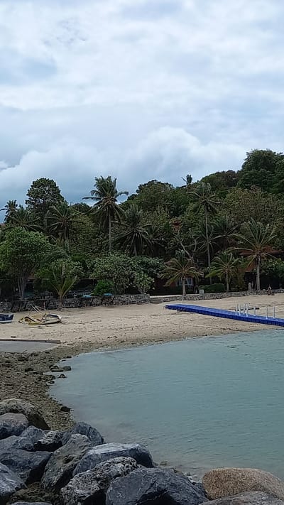 The image depicts a tropical beach scene in Ban Haad Rin, Thailand, under an overcast sky. The foreground is dominated by a rocky shoreline leading into calm, turquoise water. Beyond the water, a sandy beach stretches out, lined with palm trees and dense green foliage covering a hillside in the background. Several small, yellow boats are pulled up onto the sand, and a blue plastic pontoon walkway extends into the water from the right side of the frame. Some buildings are partially visible nestled amongst the trees. The overall impression is of a serene, natural coastal environment.