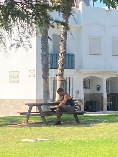 In Cancelada, Spain, a man sits at a picnic table in front of a white residential building with palm trees. He is wearing a black tank top and grey shorts. The man is looking down at a book or paper on the table, with a cup next to it. The picnic table is made of wood and is set on a patch of grass. In the background, the building has blue shutters on the balcony and windows. There are two framed signs on the wall of the building. The environment appears to be a sunny day.
