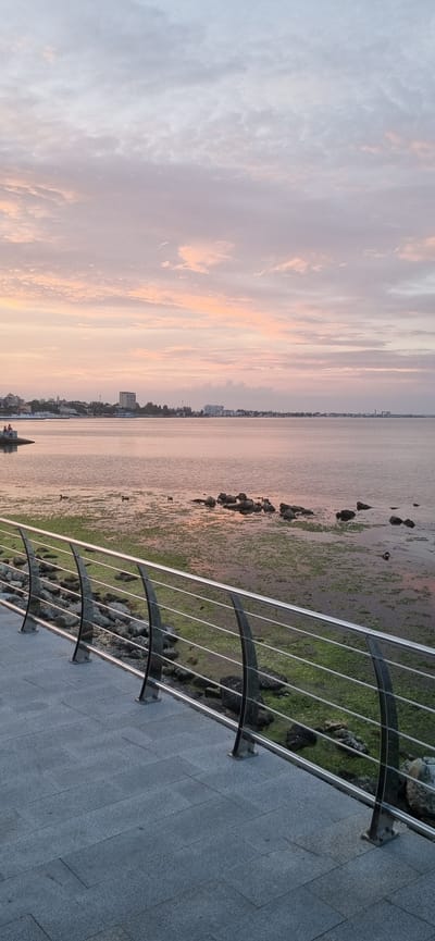 The image depicts a waterfront scene at dusk in Blizhnee, Ukraine. A modern walkway with a metal railing runs along the foreground. Beyond the railing, the calm water is partially covered with green algae and scattered rocks. In the distance, a city skyline is visible with buildings and a cruise ship. Two figures are seated on a stone structure on the left side of the water. The sky is filled with soft clouds tinged with pink and orange from the setting sun.