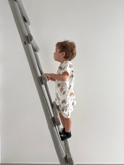A young child is shown in a dynamic pose, akin to a push-up, on an inclined wooden ladder. The child, with light brown curly hair, is wearing a light-colored romper featuring a jungle animal print with zebras, monkeys, and palm trees. Dark socks with a cartoon character design are visible on their feet. Their expression is focused and determined, looking downwards towards the rungs of the ladder.
The ladder is made of rustic, light-colored wood, possibly painted gray, with irregularly shaped rungs. It is propped up against a plain white wall, suggesting an indoor setting with ample, even lighting. The activity appears to be a form of play or physical exercise, showcasing the child's balance and strength. There is no visible text in the image. The location context provided is Pétange, Luxembourg.