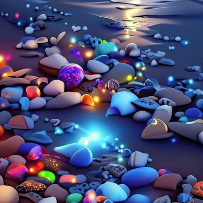 The image depicts a collection of smooth, colorful stones and pebbles arranged on a dark, wet, sandy surface. The stones are of various sizes, shapes, and colors, including blue, green, purple, red, and orange. Some of the stones are glowing with an ethereal, light blue light. There is a single, large, purple, three-dimensional sphere located in the upper-left quadrant of the image. The scene appears to be a beach at low tide. The beach is located in Dhaka, Bangladesh, at the coordinates 23.804093, 90.4152376.
