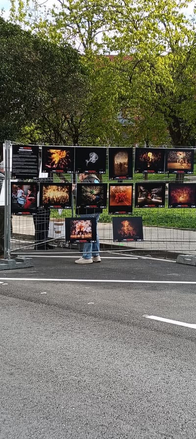An outdoor photographic exhibition is depicted in a daytime scene in Ripollet, Spain. The exhibition features at least 14 framed photographs, predominantly with dark backgrounds and vivid subjects such as explosions, figures, and abstract forms, displayed in two horizontal rows on a temporary dark grey modular metal grid fence. An introductory poster on the top left identifies the event as "EXPOSICIÓ FOTOGRÀFICA" and confirms the city of "Ripollet."

In the foreground, an asphalt road surface with a single distinct white line and a partial second white line is visible. The exhibition structure, supported by concrete blocks, is positioned just beyond this road. Behind the fence and exhibition, a grass or paved area is present.

Four individuals are partially visible. One individual, positioned centrally behind the exhibition, wears blue jeans and light-colored sneakers, appearing to observe the displayed photographs. Their upper body is obscured by the photos. To their left, another individual's lower legs in dark trousers are partially visible behind the fence. On the far left, an individual wearing a light shirt is partially seen standing beside the exhibition. Another individual's lower legs in dark trousers are partially visible to the far right, behind the fence.

The background consists of dense foliage from numerous trees with vibrant green leaves, suggesting spring or early summer. A reddish-brown tiled roof of a building is discernible through the trees on the upper right. The scene is illuminated by natural daylight.