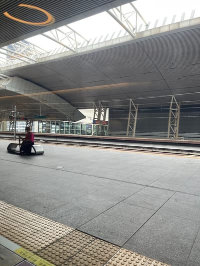 The image shows a person sitting on a bench at a train station platform in Dongguan, China. The person is wearing a pink shirt and dark pants and is looking down at something on their lap. They have a small piece of luggage next to them. The platform is paved with gray tiles and has a tactile paving surface near the edge. Overhead, a large, modern roof structure covers the platform, supported by white metal beams. The background shows train tracks and a station building with glass windows. The lighting suggests it is daytime, and the weather appears to be overcast or hazy. Visible text on signs includes "16车" (likely indicating carriage number 16), and "禁止跳下站台" which translates to "Do not jump off the platform." This text is accompanied by an English warning: "he white line. Do not jump of the platform." The overall scene conveys a sense of waiting or transit, with a solitary figure occupying the space.