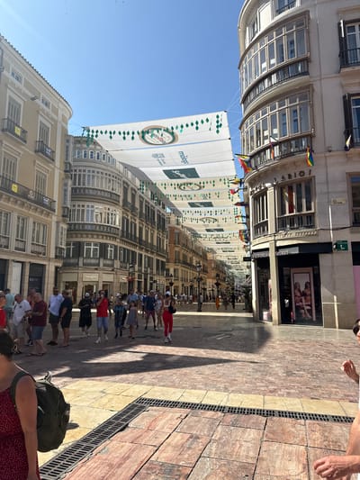 This media file depicts a sunny day scene on a bustling street in Málaga, Spain. The perspective is angled, looking down a pedestrian walkway lined with multi-story buildings. Several people are visible, walking along the street, some in groups and others individually. They appear to be enjoying a leisurely stroll.

A large white banner hangs across the street, adorned with green leaf-like shapes and text that includes "malaga" and "sentirmalaga". Further along the street, rainbow-colored flags are strung up, suggesting a festive atmosphere or a Pride event. The architecture of the buildings features ornate balconies and large windows, characteristic of European city streets. Shops are visible at street level, including "Victoria's Secret" and "Desigual", indicating a commercial area.

The time of day is clearly indicated by the strong shadows cast across the cobblestone pavement, suggesting it is midday or early afternoon. The sky is a clear, bright blue, and the overall impression is one of warmth and pleasant weather. The people's attire, mostly light clothing, further supports this. The scene conveys a sense of everyday life and activity in a vibrant Spanish city.