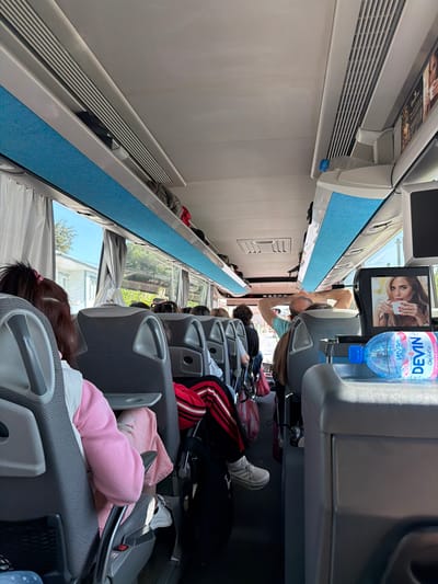 The image displays the interior of a passenger bus or coach, viewed from the front looking down the central aisle towards the rear. Rows of grey fabric seats with dark grey armrests line both sides of the aisle. The windows on the left side of the bus reveal a bright, sunny daytime scene with green trees, parts of buildings, and a clear blue sky. White curtains are partially drawn over the windows.

Above the windows, along the length of the bus, are overhead compartments or racks featuring a distinctive blue fabric panel underneath. Long, horizontal air vents are integrated into the side paneling above the windows.

Several passengers are visible in their seats. Towards the front right, a person in a light blue shirt is leaning forward, their arm extended upwards. Adjacent to them, a monitor is mounted, displaying an advertisement featuring a woman's face. Hanging near the monitor is a blue-capped water bottle from the brand "DEVIN." The bottle's label clearly shows "DEVIN" in both Latin and Cyrillic script (ДЕВИН), along with other Cyrillic text and partially visible words like "Orange" or "Orange Go."

Further down the aisle, other passengers are seated. One person's leg and foot, clad in a white sneaker, are visible resting near a seat. In the immediate foreground on the right, the back of a passenger's head with long dark hair tied with a pink ribbon can be seen. Various personal items, including a red and black striped bag and a pink fabric item (possibly a sweatshirt or blanket), are placed on or around the seats. The scene suggests a calm environment during travel.