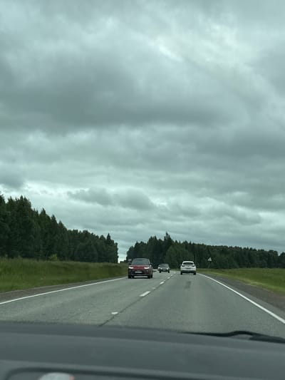 The image captures a view from inside a vehicle traveling on a road in a rural area, likely near Старое Мартьяново, Russia. The sky is heavily overcast with dark gray clouds. The road is asphalt with white lane markings and appears to be a two-lane highway. Several vehicles are visible: a red SUV in the left lane, a dark-colored car behind it, and a white SUV in the right lane. A yield sign is visible on the right side of the road. The landscape flanking the road consists of a grassy verge followed by a dense line of green trees. The foreground shows the dashboard or interior of the vehicle from which the photo was taken. The overall impression is a journey on a cloudy day through a wooded rural setting.