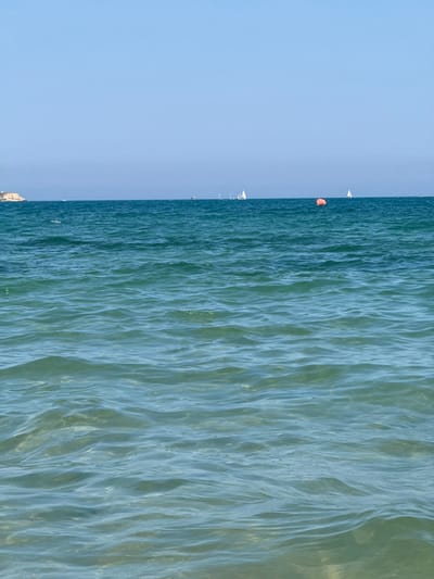 This image captures a clear sky over the Black Sea near Ravda, Bulgaria. The foreground is dominated by the calm, turquoise-green water, with gentle ripples reflecting the sunlight. In the distance, several sailboats are visible, indicating a pleasant day for sailing. A bright orange buoy floats on the water, serving as a marker. To the far left, a small, rocky island or landmass is partially visible. The overall scene depicts a serene coastal environment with recreational activities.