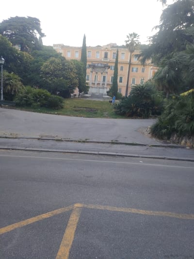 The image captures a view of a park with a building in the background, located in Genoa, Italy. In the foreground, there is an asphalt road with yellow markings. A curved path made of grey stones and asphalt leads into the park. To the left of the path, a black lamppost stands near a green bench. The park itself is filled with lush greenery, including palm trees, cycads, and other various plants. In the mid-ground, a person in a blue shirt is walking a dog on a leash, moving away from the viewer. Behind them, a fountain structure is visible, and further back, a tall, light-orange building with multiple windows and balconies stands against a bright, overcast sky. The building appears to be an apartment complex or hotel. The overall impression is a serene, somewhat hazy day in a well-maintained urban park.