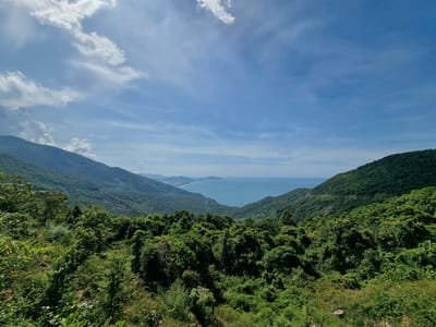 This is a landscape photograph taken from a high vantage point, overlooking a lush green valley that slopes down to the ocean. The foreground is filled with dense, verdant vegetation, with various shades of green indicating a rich variety of plant life, likely tropical.
In the mid-ground, the valley opens up to reveal rolling hills covered in the same dense forest. A winding road is faintly visible, snaking its way down the mountainside, suggesting a remote location.
The background features a vast expanse of the ocean, its blue waters meeting a distant coastline with more mountainous terrain. A thin strip of land, possibly a beach, can be seen along the coast. The sky above is a clear blue with scattered, fluffy white clouds, indicating fair weather. The lighting suggests it is daytime, likely late morning or early afternoon, with the sun casting natural light across the scene.
The overall impression is one of natural beauty and tranquility, highlighting the majestic scenery of the Vietnamese coast near Huế. There are no people or man-made objects other than the road, which is very subtle. No text is visible in the image.