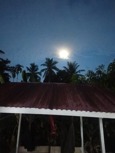 A low-angle, nighttime shot taken from a covered porch area showing the moon in Sumbokrayek, Indonesia. The view is partially obstructed by the edge of a red corrugated metal roof with a white trim. Beyond the roof, several palm trees and other foliage are visible against a blue sky with a bright moon centered above the trees. In the foreground, parts of a structure are discernible, with white columns and dark fabric or clothing hanging. The general atmosphere is dark, with the moon serving as the primary light source.