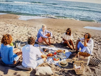 The image depicts a group of five individuals enjoying a picnic on a sandy beach with the ocean in the background. The people are seated on blankets and cushions, engaged in conversation and sharing food. The scene is lit by natural sunlight, casting shadows on the sand. The environment is an outdoor beach setting, with the ocean waves gently rolling ashore. The location is not Kuvshinovo, Russia, but a generic beach setting.