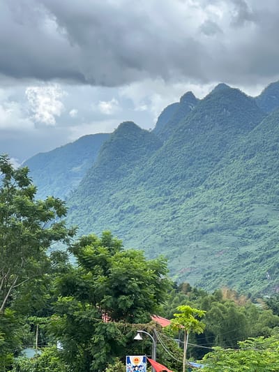 The image depicts a lush, mountainous landscape under a cloudy sky in Lũng Tám Commune, Vietnam. In the foreground, dense green foliage and trees dominate the lower portion of the frame, with some of the trees reaching high up and obscuring parts of the middle ground. Peeking through the trees are glimpses of buildings with red roofs, and some power lines and a lamppost are visible. A small portion of a flag is visible in the bottom left corner. The middle ground and background are characterized by steep, verdant mountainsides covered in dense vegetation. The mountains rise in successive layers, with their peaks creating a jagged silhouette against the sky. The sky is overcast, with large, grey clouds covering most of the upper portion of the image, though patches of lighter sky and sunlight can be seen breaking through. The overall impression is one of a remote, natural, and somewhat overcast environment.
