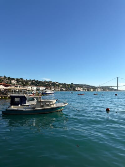An aerial, eye-level, full shot captures a clear, blue sky over a tranquil bay in Üsküdar, Turkey. In the foreground, a white and blue fishing boat, identified by the license plate "34 D 5743", is anchored to the left, its hull painted a deep teal. The boat is connected to a red and orange buoy further out in the water.
The bay is dotted with other small boats, some carrying passengers, and a few more buoys. In the mid-ground, a bustling waterfront features white umbrellas shading tables where patrons dine, as well as several restaurants. Behind the waterfront, a picturesque hillside is densely populated with white and pastel-colored houses, interspersed with lush green trees.
Dominating the background is the magnificent Bosphorus Bridge, a suspension bridge stretching across the water, its tall pylons clearly visible against the horizon. The bridge connects two sides of the city, a testament to Istanbul's unique geography straddling Europe and Asia. The water is a vibrant turquoise, with gentle ripples suggesting a calm, sunny day. The overall scene evokes a sense of peaceful coastal living, with a backdrop of iconic Turkish landmarks.